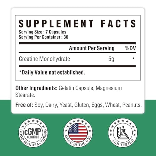 Creatine Monohydrate Capsules, Pure Creatine Pills Micronized for Enhanced Workout and Muscle Growth for Men and Women, 3rd Party Tested, Easy Absorption, Non-GMO, Unflavored - 210 Capsules - Thumbnail 2