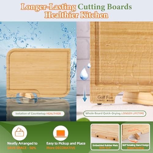 4-PCS Bamboo Cutting Board Set with Innovative Stand - Durable Double Sided Wooden Cutting Board with Juice Groove & Handle for Meal Prep, Meat, Charcuterie Serving, Eco-Friendly Healthy Kitchen Gift - Thumbnail 3