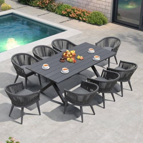 PURPLE LEAF 9 Pieces Outdoor Dining Set with Patio Aluminium Dining Table and Wicker Rattan Chairs Modern Furniture Cushions Sets for Backyard Indoor Decor Kitchen Grey - Image 1