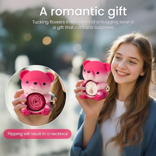 mountova Cute Teddy Bear with Preserved Rose and Necklace, Elegant Bear Roses Gifts with Hidden Jewelry Box for Women, Girlfriend, Wife, Sister, Valentines Day Gift, Forever Eternal Rose Flower Decor - Thumbnail 2