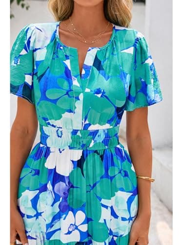 BTFBM Womens Summer Floral Maxi Dresses V Neck Short Sleeve Boho Casual Flowy Long Wedding Guest Dress Beach Vacation(Floral Blue Green, Medium) - Thumbnail 6