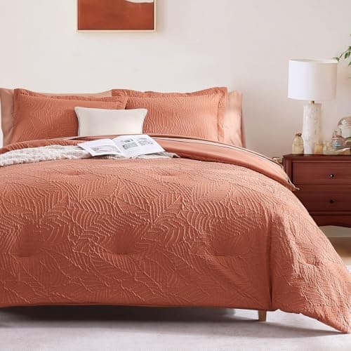 Geniospin Twin Comforter Set - 5 Pieces Burnt Orange Bedding Set, Botanical Textured Comforter Set, All Season Lightweight Bed in a Bag with Comforter, Sheets, Pillowcases & Shams