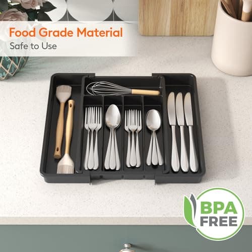 Lifewit Silverware Drawer Organizer, Expandable Utensil Tray for Kitchen, BPA Free Flatware and Cutlery Holder, Adjustable Plastic Storage for Spoons Forks Knives, 8.5-14 x 12", Black - Thumbnail 6