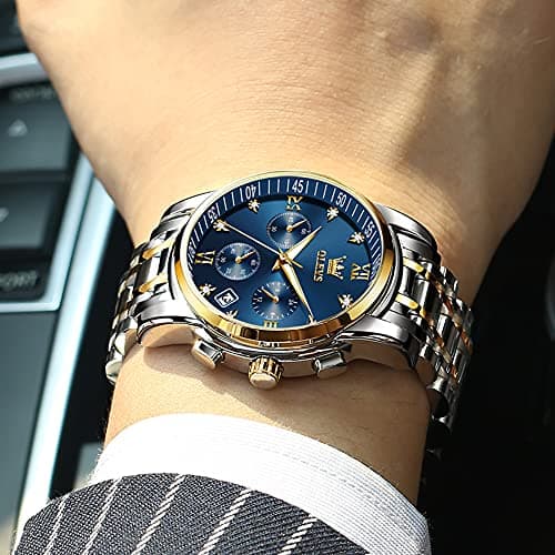 OLEVS Watch Men Silver Stainless Steel Blue and Gold Mens Watches Luminous Waterproof Moon Phase Watches for Men Big Face Chronograph Analog Quartz Wrist Watch for Man Luxury Reloj de Hombre - Thumbnail 3