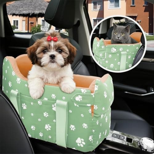 Cullaby Dog Center Console Car Seat for Small Dogs Under 15lbs,Detachable Washable Booster Pet Car Seat Travel Bed with Storage Pockets and Seat Belt(Green) - Thumbnail 2