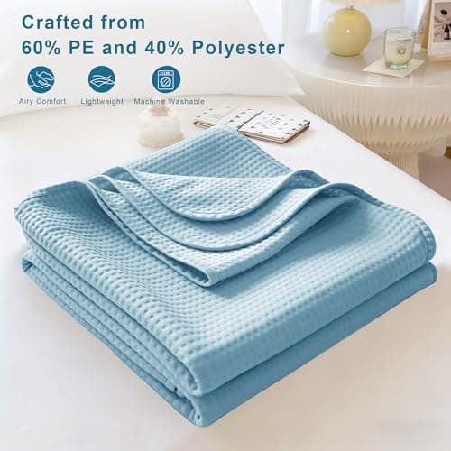 WQSPRING Waffle Cooling Blanket for Hot Sleepers, Queen Size Soft Bed Weighted Blankets, All Season Ice Blanket for Couch Bed Chair (Blue, 92" x 92") - Thumbnail 4