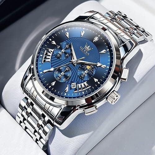 OLEVS Watches for Men Luxury Blue Face Mens Watch Classic Silver Stainless Steel Waterproof Big Face Men's Wrist Watches Unique Dress Quartz Chronograph Fashion Male Watch Relojes para Hombres - Thumbnail 2