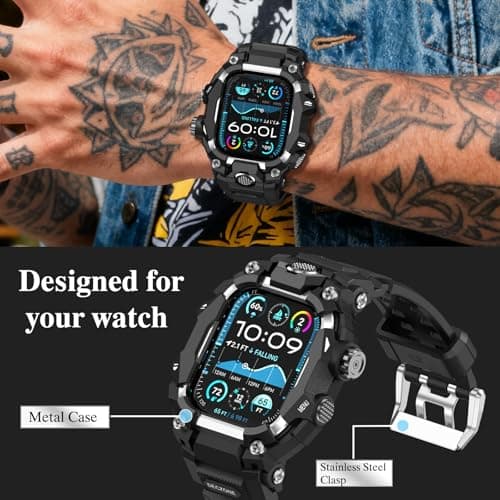Deczone Band with Rugged Case Compatible with Apple Watch Bands 46mm (Series 11 10), Sport iwatch Bands Protective Bumper Cover for Men (46mm Silver) - Thumbnail 3