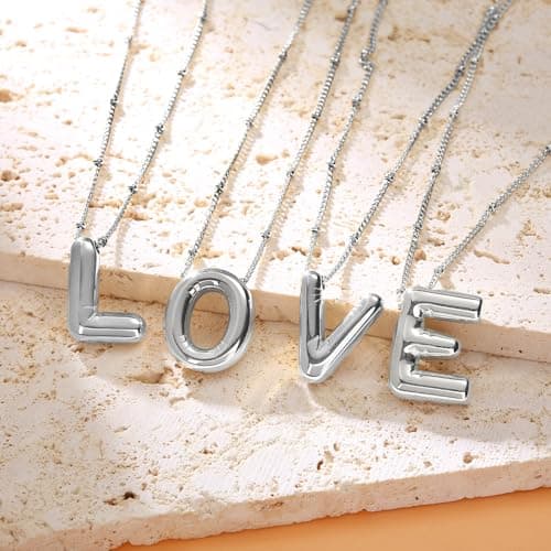 BOLAGTIER Bubble Letter Necklace Gold Plated Balloon Initial Chunky Bubble Alphabet Pendant Necklace Trendy Jewelry Gift for Women (O, Silver) - Thumbnail 4