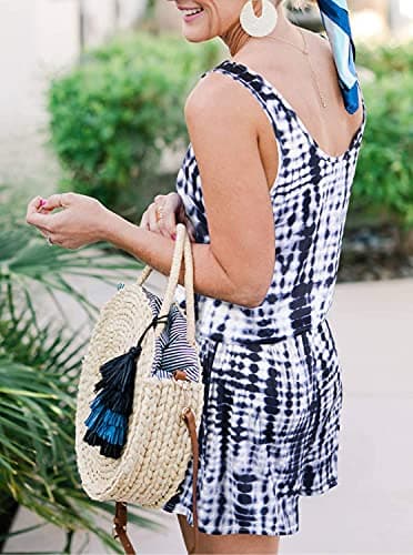 REORIA Womens Casual Summer One Piece Sleeveless Tank Top Striped Playsuits Short Jumpsuit Beach Rompers Tie Dye Navy Blue Small - Thumbnail 4