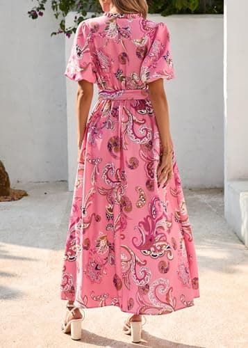 KIRUNDO Women Spring Summer Wedding Guest Boho Floral Maxi Dress Puff Sleeve Button Shirt V Neck Flowy Beach Vacation Dress(Pink, Large) - Thumbnail 2