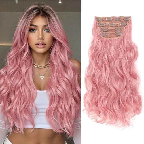 MEZIRU 4Pcs 20 Inches Long Wavy Clip in Extensions Synthetic Hair Extensions Clip in Double Weft Natural Hair Extensions Full Head Synthetic Extensions for Women (Pink) - Image 1