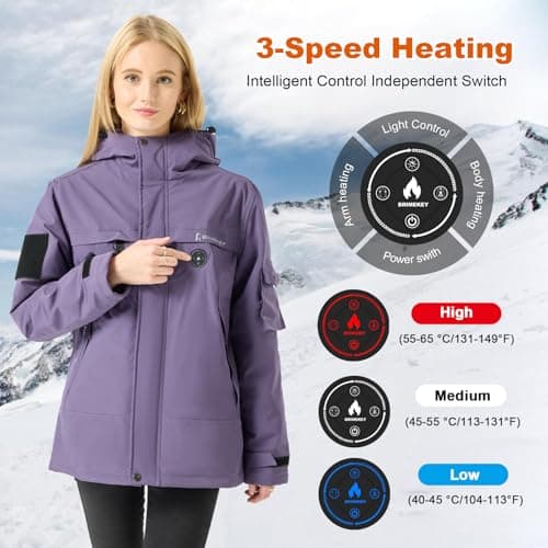 Brimekey Graphene Heated Jacket for Women, Fast Charge 20000mAh Large Capacity, Women's Heated Jacket with Fleece Lining, 6 Heating Zones Windproof Waterproof Soft Shell Hoodie Jackets Skiing Hunting - Thumbnail 4