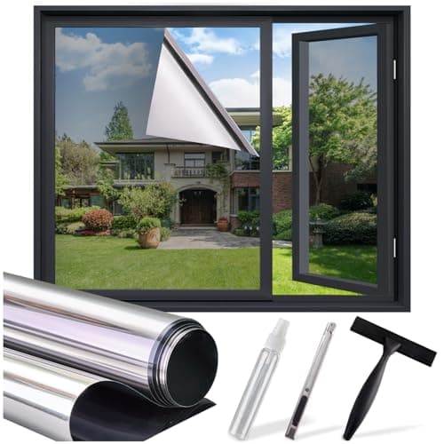 One Way Privacy Window Film - Reflective Window Tint for Home Heat Blocking & UV Protection, See Out Not in Mirror Daytime Privacy Static Clings for House & Glass Doors, 3 Tools, Silver(17.5"x78.7") - Image 1