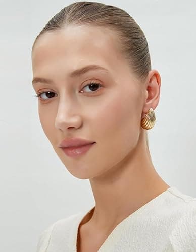 Jurikko Teardrop Gold Chunky Hoop Trendy Earrings for Women, Shell Hollow Hyperallergenic 14K Gold Plated Drop Earrings Fashion Jewelry Gift - Thumbnail 4