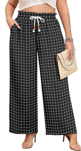 Lastshe Plus Size Pants for Womens Wide Leg High Waisted Fashion Straight Loose Trousers Work Dressy Pants,Black Dotted Plaid,4X - Image 1