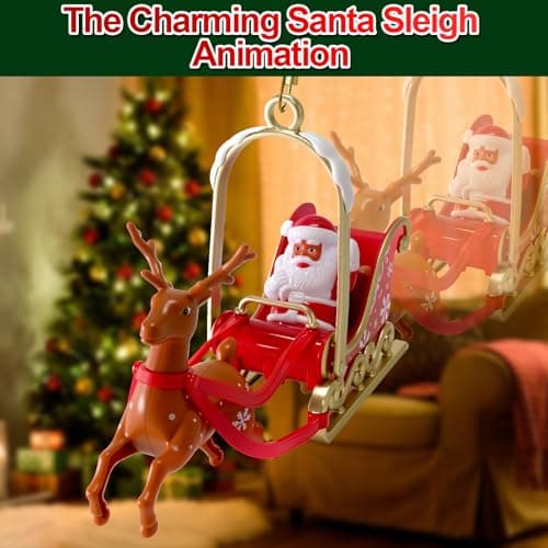 Christmas Tree Topper, Star Motion Rotating Santa's Reindeer Sleigh + Snowmen in Green Cable Car with Merry Xmas Slogans, Illuminated LED Star Christmas Party with Music for Christmas Tree Decor - Thumbnail 3