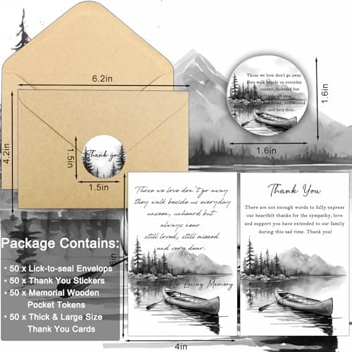 Qpige Bulk 50 Sympathy Thank You Cards with Envelopes for Funeral Favors, Round Engraved Wooden Memorial Keepsakes Pocket HugTokens Gifts, Funeral Wake Celebration of Life Decorations Ideas (Boat) - Thumbnail 4