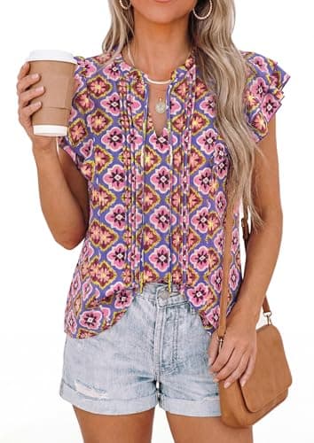 PRETTYGARDEN Women's Boho Flutter Sleeve Blouses Floral Print V Neck Summer Tops Casual Dressy Work Shirts Spring Clothes (Floral Purple Red,XXL) - Thumbnail 6