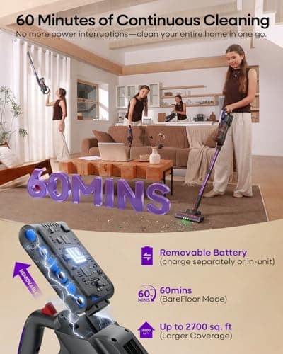 AlloyMove Cordless Vacuum Cleaner 45KPA, Up to 60mins Runtime Lightweight Powerful Suction Vacuum Cleaners for Home, 3 Suction Modes, Rechargeable Stick Vacuum for All Floor/Carpet/Pet Hair/Car, A03 - Thumbnail 3