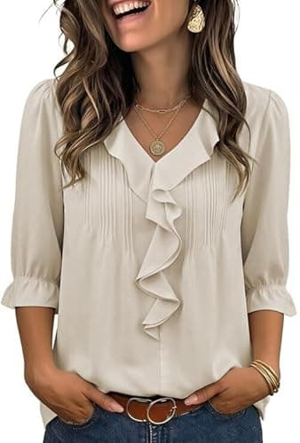 Theenkoln Womens Victorian Ruffle Blouse:3/4 Ruffle Sleeve V-Neck Business Casual Tops Summer Trendy Fashion Work Shirt Beige Small - Image 1