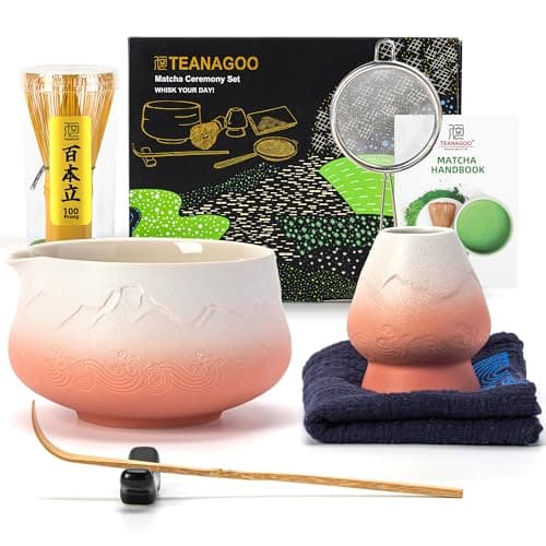 TEANAGOO 7 Pcs Matcha Whisk Set,Pink Matcha Set, Matcha Kit for Ceremony, Matcha Tea Set for Making Breakfast/Latte, Matcha Whisk and Pink Bowl with Scoop&Sifter, Gift for Matcha Lover - Image 1