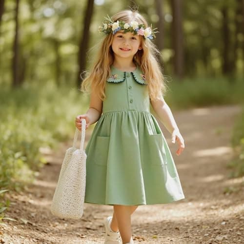 Little Bitty Girls Cotton Embroidered Peter Pan Collar Sleeveless Summer Party Birthday Sunshine A Line Dress Green 4T - Thumbnail 3