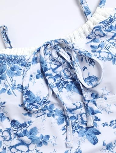 ZAFUL Light Blue Floral Womens Cute Tankini Bathing Suits Gingham Two Piece Tankinis Sets Bow Color Block Swimsuits with Tie Side Bottom - Thumbnail 6