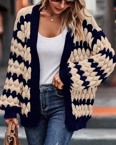 KIRUNDO Womens Fashion Fall Cardigan 2026 Open Front Chunky Cardigan Sweaters Oversized Lantern Sleeve Striped Color Block Cardigans Outwear Winter Clothes(Navy, Small) - Thumbnail 4