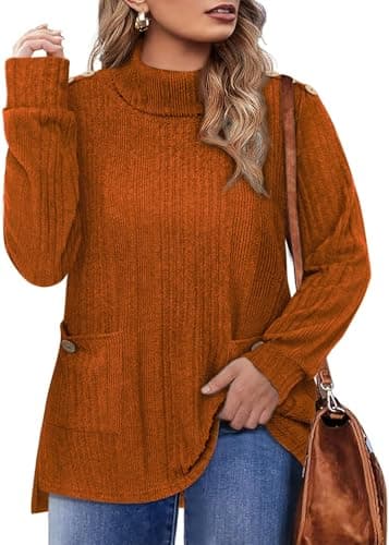Amrto Plus Size Orange Sweater for Woman Turtle Neck Button Up Long Sleeve Tunic Tops Fall Clothes Dressy Casual Outdoor Family Holiday Vaction Trip Village Festival Thanksgiving Teacher Mom Grandma - Image 1
