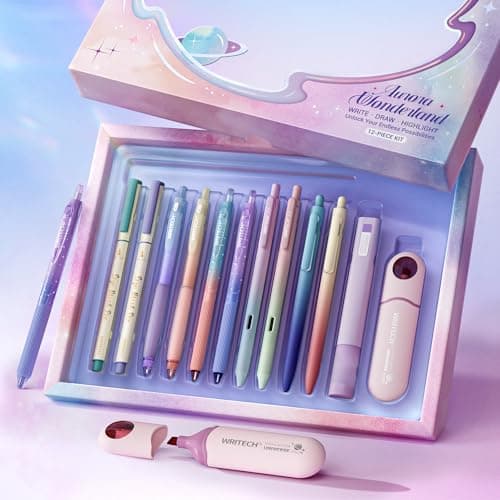 WRITECH Gel Ink Pens Journaling: Aurora Wonderland Pen Set, Gradient Barrels Black Ink Pens Pastel Highlighters Brush Markers, No Bleed Smooth Writing Drawing Gift for Friends 12ct