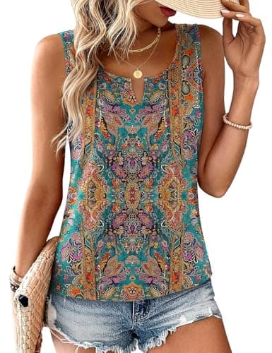JUSTFASHIONNOW Boho Tank Tops for Women V Neck Sleeveless Tops Dressy Casual Blouses Work Shirts Summer Beach Vacation Clothes(Light Blue, Medium) - Image 1