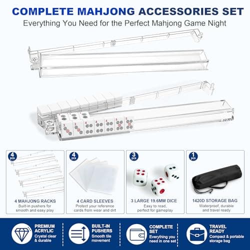 American Mahjong Racks with Pushers Complete Accessories Set, 4 Clear Acrylic Mahjong Racks, 4 Card Sleeves, 3 Large 19.6mm Dice, 420D Waterproof Storage Bag, Mahjong Accessories for American Mahjong - Thumbnail 2