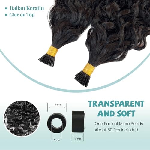 Licoville Human Hair I Tip Extensions Water Wave 12 Inch 100 Strands, Silky Soft Cold Fusion Wet and Wavy I Tip Extensions Real Remy Hair for Natural, Voluminous Look, #1B Natural Black Color - Thumbnail 3