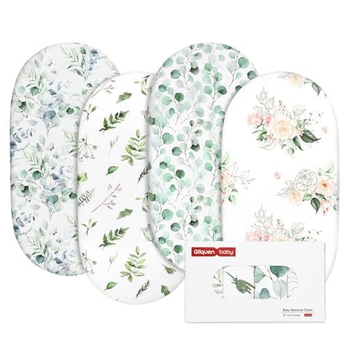 Gllquen Baby Bassinet Sheets 4 Pack, Breathable Cozy Fitted Mattress Sheet, Elastic Travel Crib Fashionable Floral Pattern, Standard Cradle Safe Sheets for Baby Boys Girls 32"x16"(Greenery)