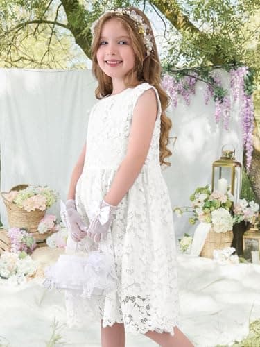 ALLOVIN Girls & Toddlers Sleeveless A-Line Lace Party Dress Birthday Wedding & Flower Girl Dress with Beaded Bowknot | Off-White | 11-12Y - Thumbnail 3
