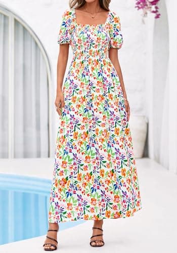 BTFBM Womens Spring Summer Dresses 2026 Square Neck Puff Short Sleeve Smocked Floral Boho Beach Wedding Guest Maxi Dress(Floral Light Green Multi, Large) - Thumbnail 5