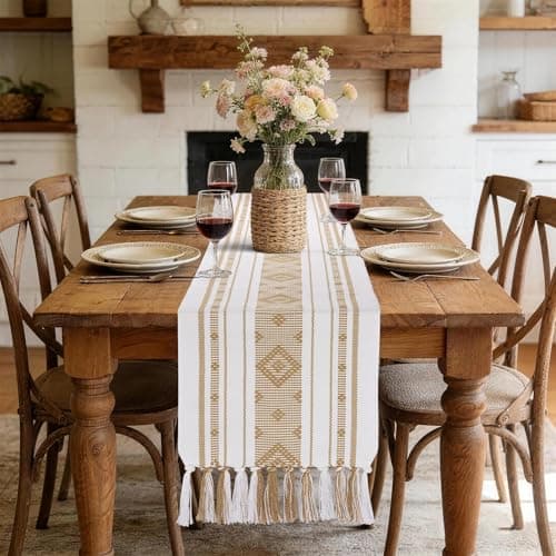 yuboo Boho Table Runner 72 Inches Long, Cream Woven Jacquard Table Runner with Tassels, Neutral Farmhouse Rustic Dresser Runner Decor for Dining Room, Bridal Shower (Geometric Moroccan) - Image 1