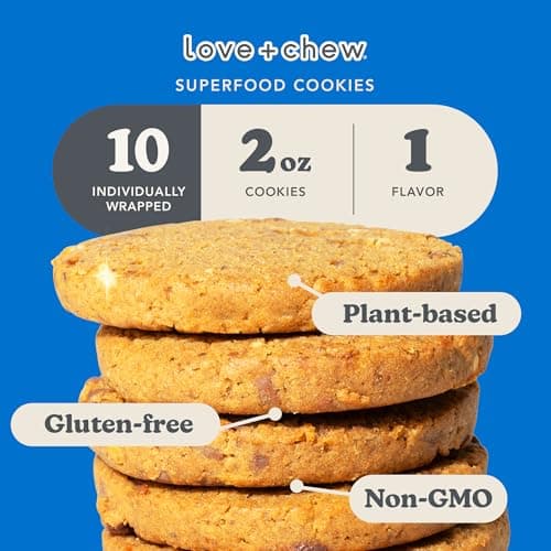 Love + Chew Superfood Soft Baked Protein Cookies, Gluten Free, Vegan, 10g Plant Protein Per Cookie, Healthy Snacks for Adults and Kids, Individually Wrapped Cookies, Peanut Butter Chip, 10 Pack - Thumbnail 3