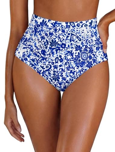 Women's Blue Floral High Waisted Swimsuit Bottom Tummy Control Ruched Bikini Bottom Vintage Swim Bottom Tankini Briefs - Image 1