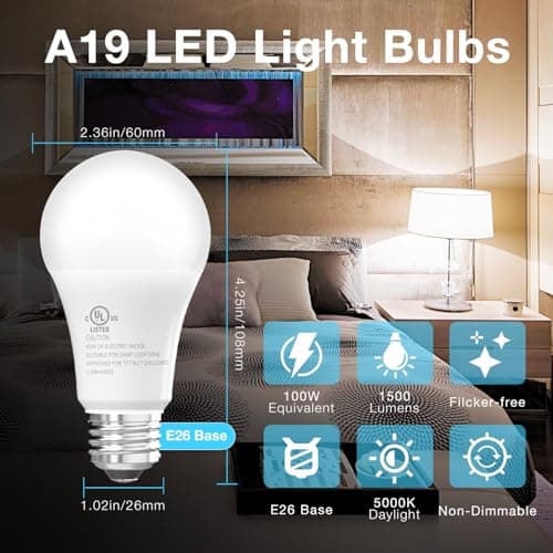 dalattin 4 Pack LED Bulbs Daylight White 5000K, 100 Watt Equivalent A19 Standard Bulbs, E26 Base, 1500 LM, Efficient 15W Energy Saving, Non-Dimmable, 80+ CRI, 120V, UL Listed, for Living Room, Office - Thumbnail 2