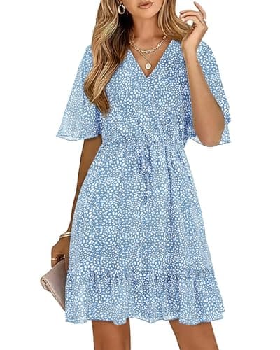 KIRUNDO Womens Summer Dresses 2026 Casual Spring Short Sleeve V Neck Ruffle Floral Print High Waist Belted Flowy Mini Dress(X-Large, Light Blue) - Image 1
