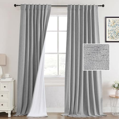 PrinceDeco 100% Blackout Linen Curtains for Living Room, Back Tab and Rod Pocket Farmhouse Bedroom Curtains Drapes 84 inch Length 2 Panels Set with Thermal Insulated White Liner, W52 x L84 Dove Grey - Image 1