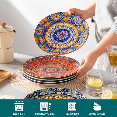 vancasso Bohemian Dinner Plates Set of 6, 10.5 Inch Ceramic Kitchen Plates for Dinner, Colorful Printed Dishes for Dining, Microwave & Dishwasher Safe Plate Set, Series KRVI - Thumbnail 4