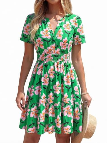BTFBM Summer Dresses for Women 2026 Lightweight Casual Short Sleeve Floral Mini Dress A Line Beach Vacation Sundress(Green Pink Flower, X-Large) - Thumbnail 5