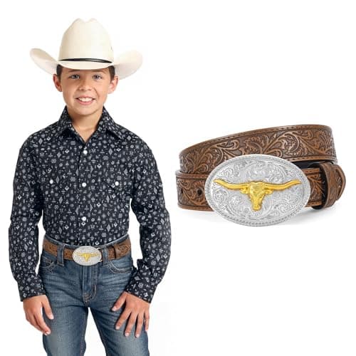 JKEEMI Kids Western Belt for Boys Girls, Embossed Genuine Leather Cowboy Cowgirl Belt for Jeans Pant Dresses Gift - Image 1