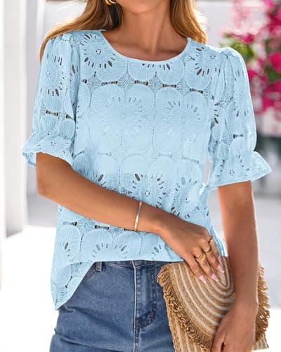 KIRUNDO Lace Tops for Women Blouses Dressy Casual Boho Eyelet Puff Short Sleeve Shirts Spring Summer Clothes Vacation Outfits(Baby Blue, Medium) - Thumbnail 5
