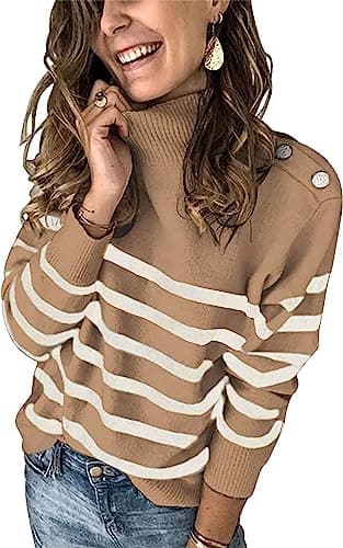 KIRUNDO Fall Sweaters for Women 2026 Striped Turtleneck Ribbed Knit Sweater Trendy Pullover Jumper Winter Fashion Clothing(X-Large, Light Khaki) - Image 1