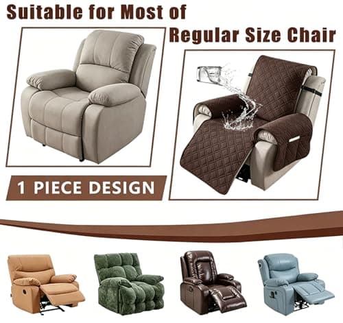 HONGPAS 100% Waterproof Recliner Chair Cover, Non-Slip Washable Recliner Slipcover with Elastic Straps & Side Pocket, Stay in Place Furniture Protector for Dogs Cats Kids(Chocolate, 23) - Thumbnail 5