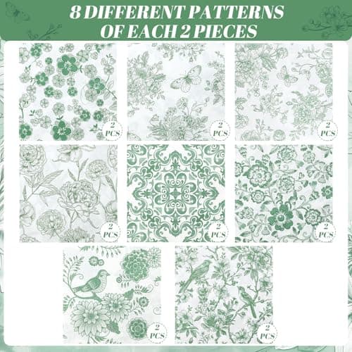 16 Pcs 8 Styles Decoupage Napkins, Sage Green Floral Paper Napkins Chinoiserie Decorative Cocktail Napkin Pretty Printed Cocktail Paper for DIY Crafting Furniture Decor Birthday Party Baby Shower - Thumbnail 6